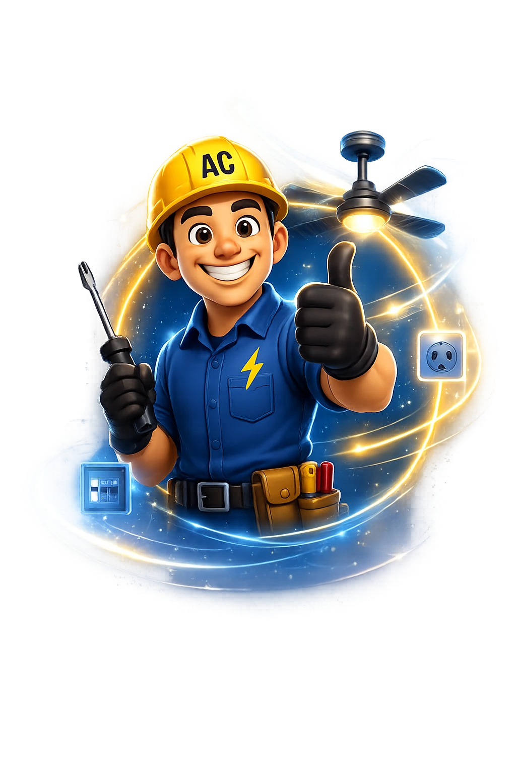 Mascote Anderson, eletricista da AC, com capacete e ferramenta
